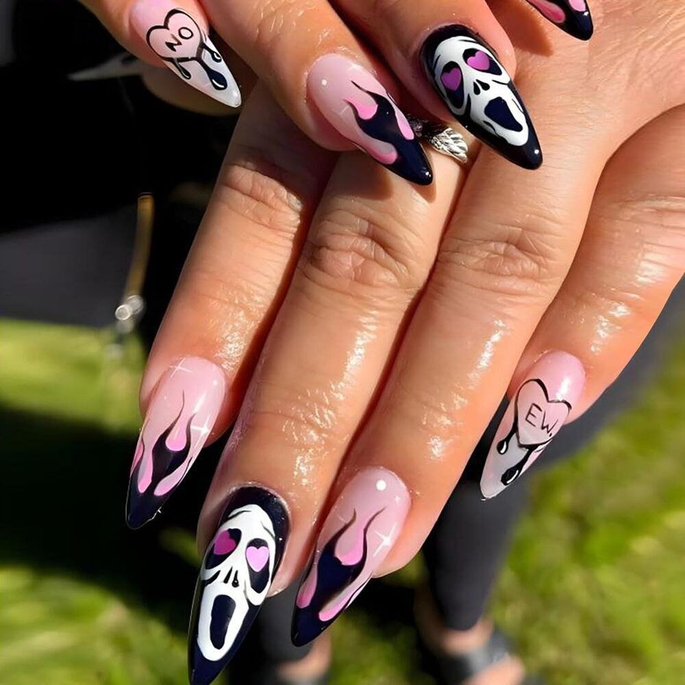 Halloween Fake Nails Almond Press on Nails Medium Length Nail Decoration Black